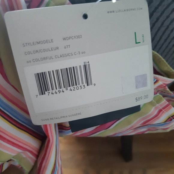 Liz Claiborne bright striped ruffle front button up collared blouse large - Picture 11 of 12